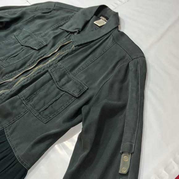 Mac and me Green Flowy zip JACKET office peplum ruffle pockets roll tab sleeves - Picture 5 of 14